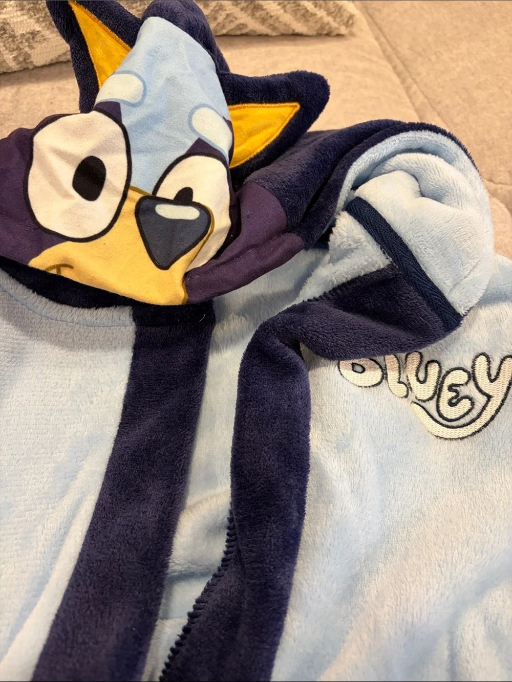 Light Blue and Navy Kids Bluey Hooded Pajama Robe - Plush Cartoon Style - 6